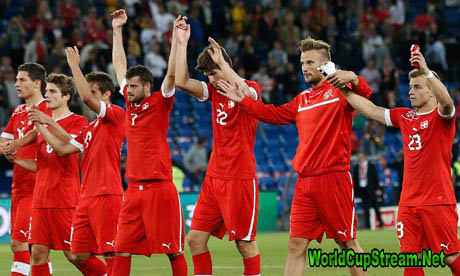 The Switzerland players celebrate after winning their friendly international match against Brazil